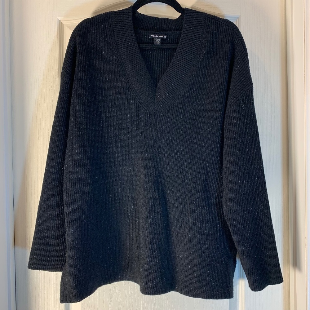 Black Shimmer V-Neck Knit Sweater with Side Slits | XL  Hillary Radley